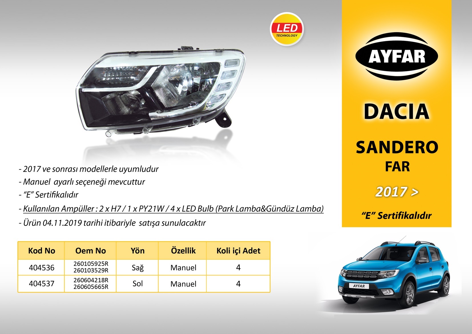 FAR SAĞ 404536 LOGAN MCV SANDERO 17-> MANUEL