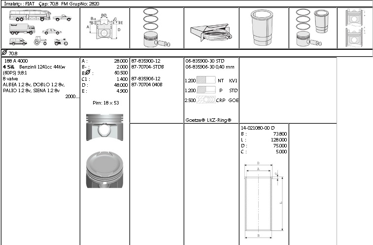 GÖMLEK 40210800 70,8 ALBEA BRAVO BRAVA PALIO DOBLO 1.2-8V-16V
