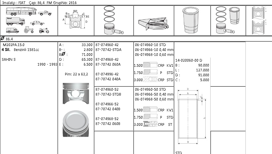 MOTOR SEGMANI 60749601 STD 86,4 TEMPRA SLX ŞAHİN-S 1600