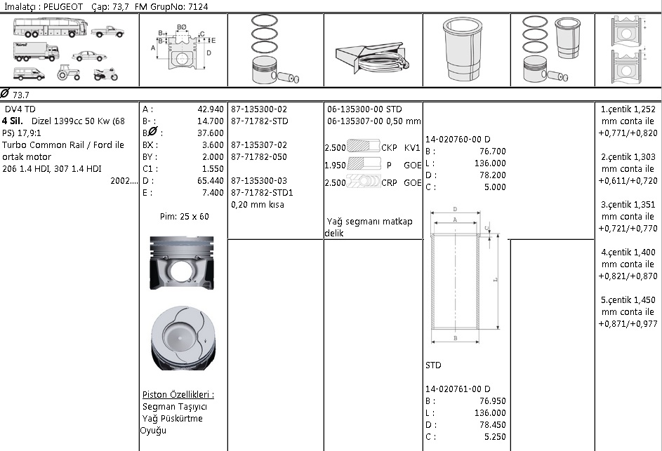 MOTOR SEGMANI 6135307 050 73,70 DV4 TED FIESTA 1.4TDCİ P206 307 C3 1.4 HDI-16V