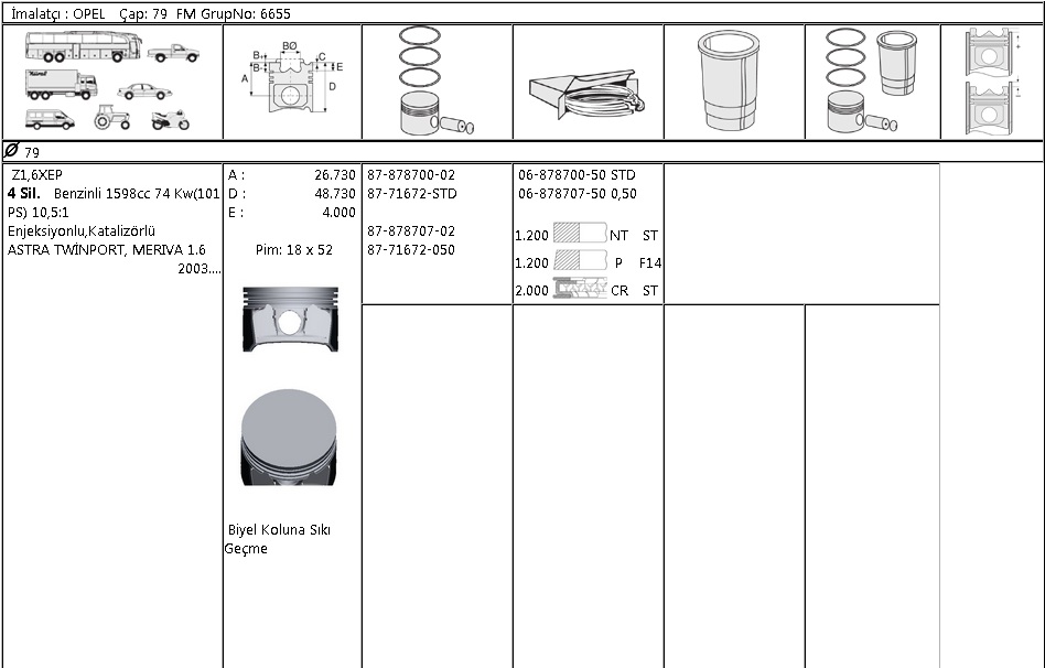 MOTOR SEGMANI 68787005 STD ASTRA MERIVA Z1.6XEP-16V 1,2*1,2*2 79MM