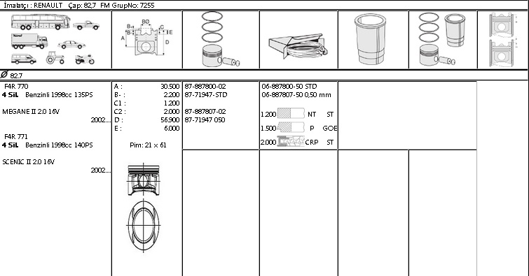 MOTOR SEGMANI 68878005 STD 82,7 MEGANE LAGUNA 2.0-16V F4R