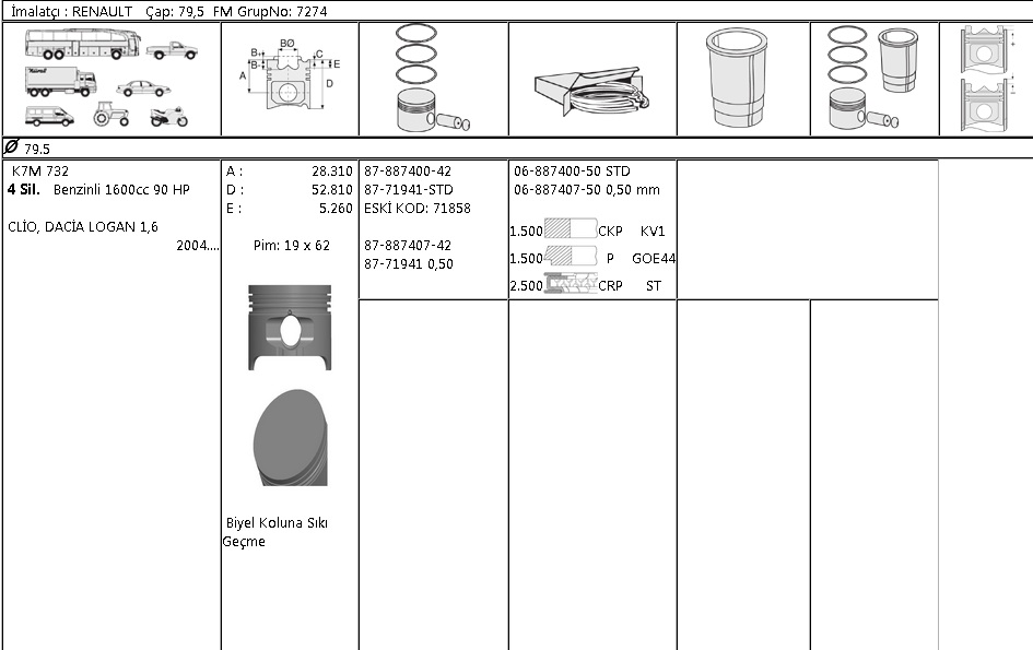 PİSTON SEGMAN 8771941 STD CLIO LOGAN 1.6 BENZİNLİ K7M