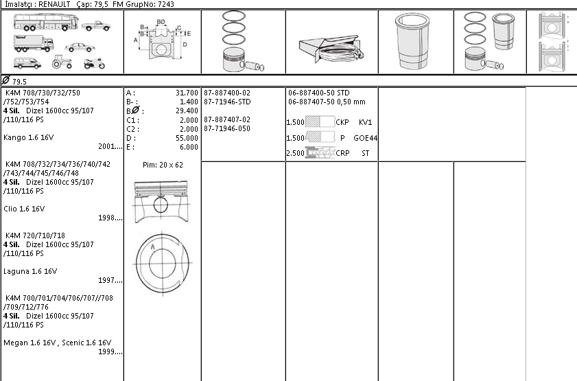 PİSTON SEGMAN 8771946 050 8788740702 79,50 MEGANE KANGO CLIO LAGUNA 1.6-16V K4M