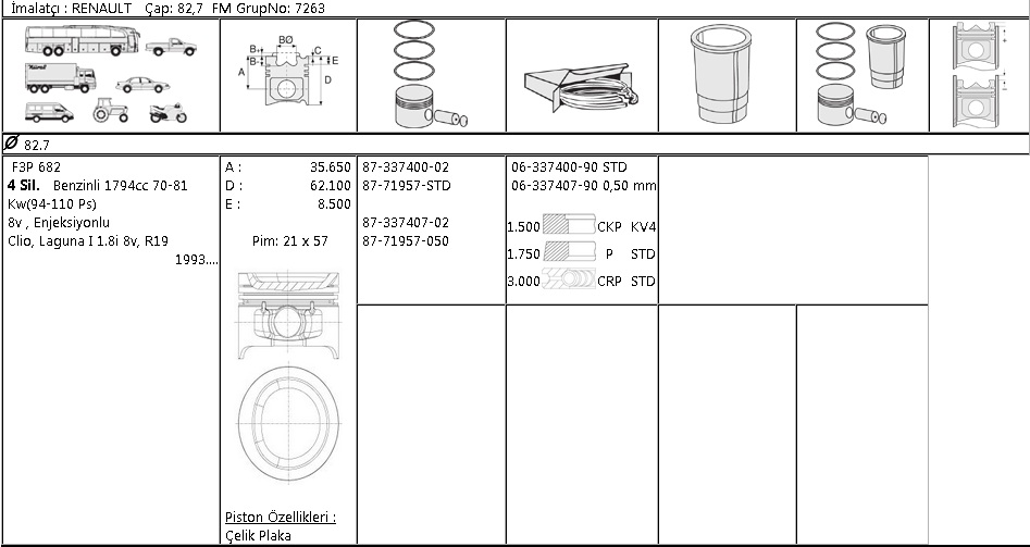 PİSTON SEGMAN 8771957 050 8733740702 LAGUNA-I 1.8İ-8V F3P