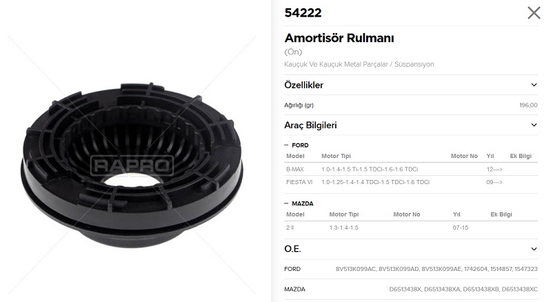 AMORTİSÖR RULMANI 54222 FIESTA-IV (10-) B-MAX (12-) MAZDA 2 (07-15)